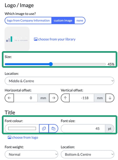 Cover page settings showing the Logo / Image options with the Size slider highlighted, and the Title Font colour and Font size fields highlighted