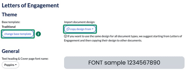 Theme and General settings for Letters of Engagement, with change base template highlighted as step 2 and copy design from highlighted