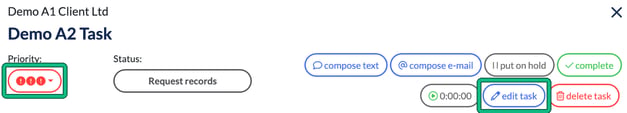 Task window for Demo A2 Task with the Priority drop-down and the edit task button highlighted