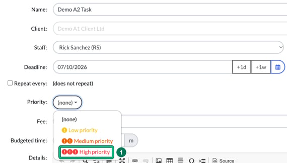Create single or multiple tasks form with the Priority drop-down open showing none, Low priority, Medium priority and High priority, with High priority highlighted as step 1