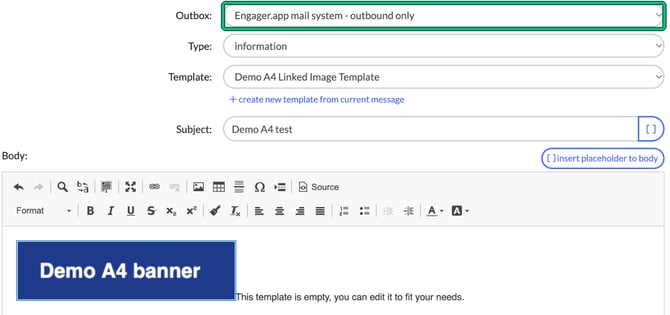 Compose e-mail with the Outbox field, set to Engager.app mail system - outbound only, highlighted, above the Type, Template and Subject fields