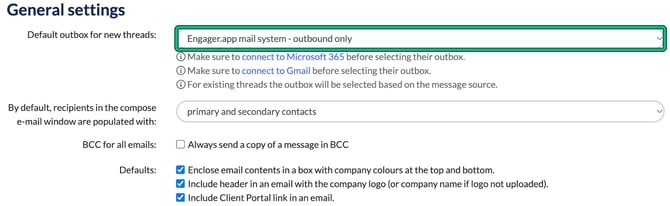 Practice e-mail general settings with the Default outbox for new threads field, set to Engager.app mail system - outbound only, highlighted