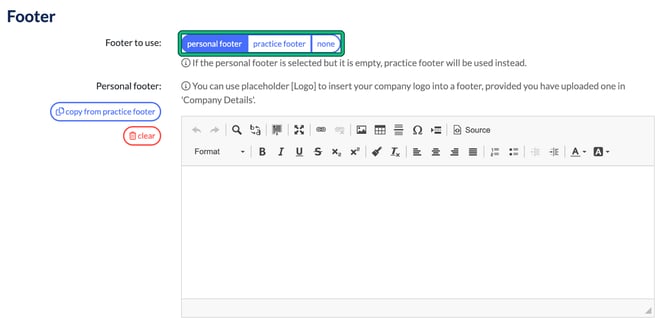 User e-mail Footer settings with the Footer to use options, personal footer, practice footer and none, highlighted, above the Personal footer editor with copy from practice footer and clear