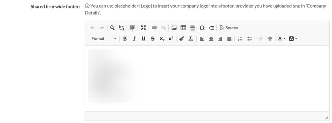 Shared firm-wide footer editor in Practice e-mail settings, with the note about the Logo placeholder and the footer text blurred