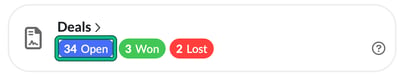 Dashboard Deals tile with Open, Won and Lost counts, with Open highlighted
