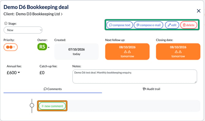 Deal window for a demo bookkeeping deal showing stage, priority, owner, dates, fee and notes, with the compose text, compose e-mail, edit and delete buttons and new comment highlighted