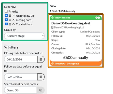 Deals board left-hand panel with the Order by and Group by options highlighted, next to a demo deal card in the New column