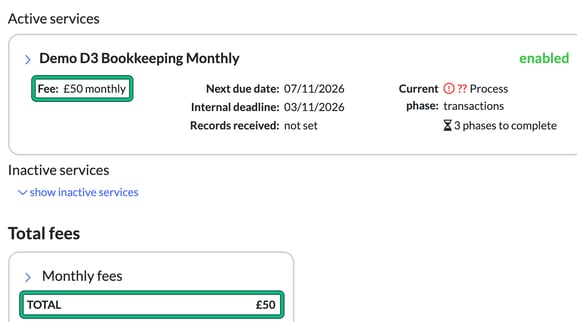 Client summary showing an active service with a fee of £50 monthly and the Total fees section with a monthly total of £50, both highlighted