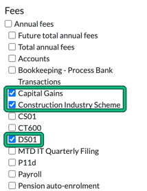 Fees section of the Clients list columns menu with Annual fees options and per-service fee columns, with Capital Gains, Construction Industry Scheme and DS01 ticked and highlighted