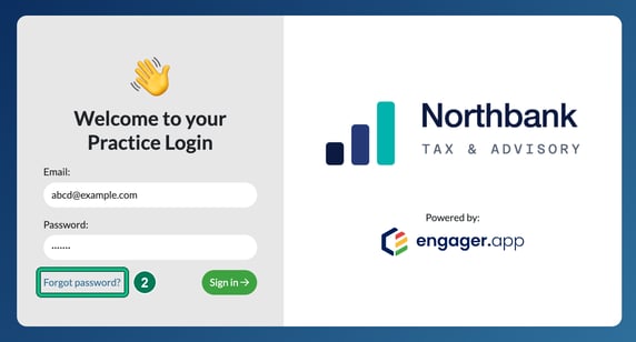 Practice login screen with the email and password fields and the Forgot password? link highlighted as step 2