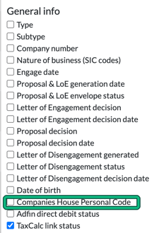 Clients list columns menu, General info group, with Companies House Personal Code highlighted