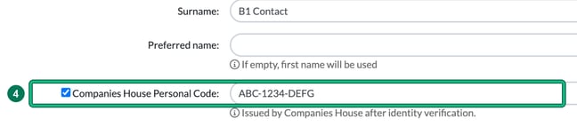 Contact's General info step with the Companies House Personal Code field, filled in as ABC-1234-DEFG, highlighted as step 4