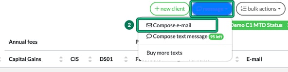 Clients list message menu open, with the message button highlighted and Compose e-mail highlighted as step 2