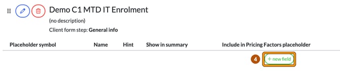 A new empty custom field section with its new field button highlighted as step 4
