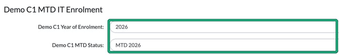 The MTD IT Enrolment section on a client's General info step, with Year of Enrolment set to 2026 and MTD Status set to MTD 2026 highlighted