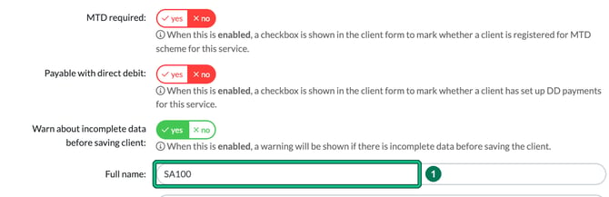 Edit service window for SA100 with the Full name field highlighted as step 1