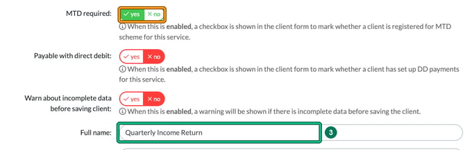 New service window with MTD required switched to yes highlighted, and the Full name Quarterly Income Return highlighted as step 3