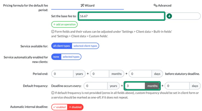 Pricing formula Wizard tab with a base fee entered in Set the base fee to, highlighted as step 4, and Default frequency set to every 3 months highlighted