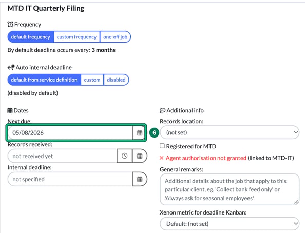 Service details for an MTD IT Quarterly Filing service with the Next due date highlighted as step 6