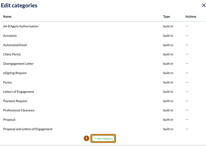 Edit categories window listing the built-in message template categories, with new category highlighted as step 1