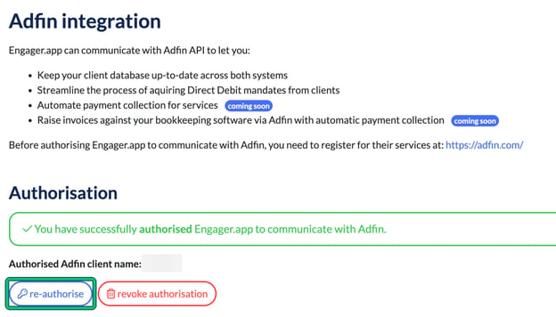 Adfin integration settings showing a successful authorisation, with the re-authorise button highlighted and the authorised Adfin client name blurred