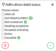 Adfin direct debit status filter listing not linked to Adfin, Not created yet, Awaiting acceptance, Accepted, activating, Active and Cancelled