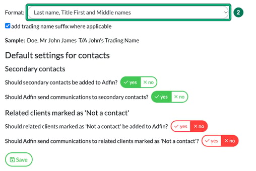 Adfin client name Format drop-down highlighted as step 2, above the trading name suffix option, the sample name and the Default settings for contacts questions