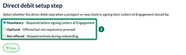 Direct debit setup step with the Mandatory, Optional and Not offered options highlighted as step 3