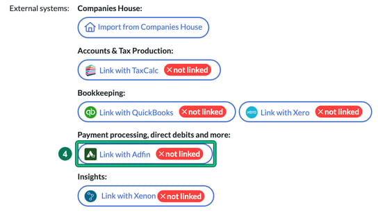 External systems in a client's General info, with Link with Adfin and its not linked badge highlighted as step 4