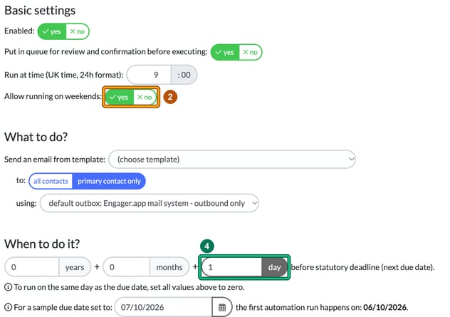 Create auto reminder form with Allow running on weekends set to yes highlighted as step 2, and the days box under When to do it set to 1 day before the statutory deadline highlighted as step 4