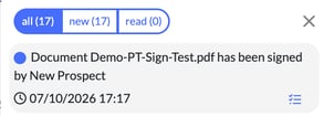 Notification panel with all, new and read tabs, showing a notification that a document has been signed by the client, with the date and time