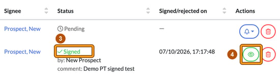 Signing requests table with a pending request above a signed one, with the green Signed status highlighted as step 3 and the eye button highlighted as step 4
