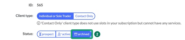 General info form showing ID 565, Client type and the Status buttons prospect, active and archived, with archived highlighted as step 2