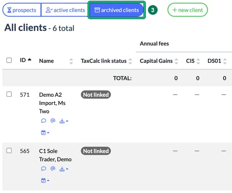 Clients page with the archived clients tab highlighted as step 3, listing two archived Demo clients
