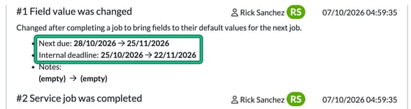 Audit trail entry after completing a job, showing Next due changed from 28/10/2026 to 25/11/2026 and Internal deadline from 25/10/2026 to 22/11/2026, highlighted