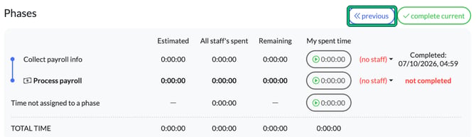 Phases in a job window with the first phase completed and the previous button highlighted next to complete current