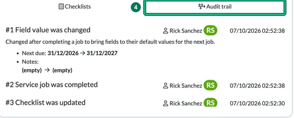 Audit trail tab highlighted as step 4, listing a field value change, a completed service job and a checklist update, each with the user and time