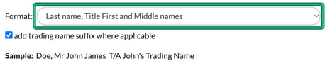 Adfin Details name format set to Last name, Title First and Middle names, with a sample name, and the Format drop-down highlighted
