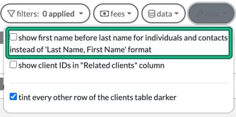 Clients list misc menu with the option to show first name before last name highlighted