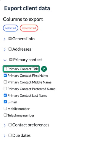 Export client data window with the Primary contact group expanded, First Name, Last Name and E-mail ticked and Primary Contact Title left unticked and highlighted as step 2