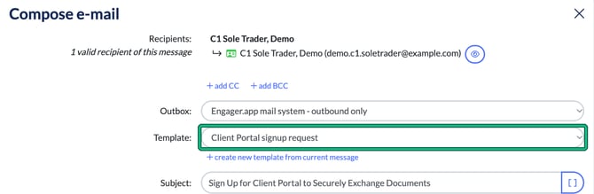 Compose e-mail opened from invite with the client as recipient and the Client Portal signup request template highlighted