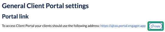 General Client Portal settings showing the Portal link address with the copy button highlighted