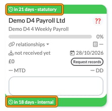 Job card for Demo D4 Payroll Ltd with the statutory deadline in 21 days at the top and the internal deadline in 18 days at the bottom, both highlighted