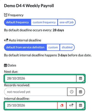 Service details for a 4 weekly payroll service showing a default frequency of 28 days, with Next due 28/10/2026 and Internal deadline 25/10/2026 highlighted