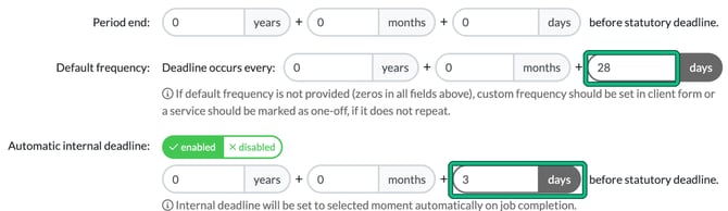 Service settings with Default frequency every 28 days and Automatic internal deadline enabled at 3 days, both highlighted