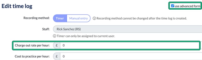 Edit time log with use advanced form ticked, showing charge out rate and cost to practice fields for this log, highlighted