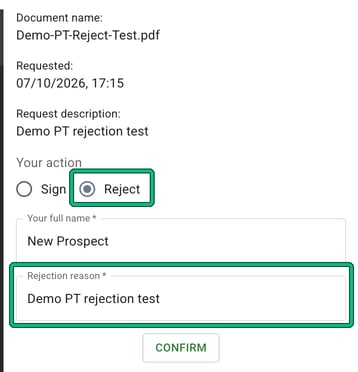Signing panel with the Reject option and the required Rejection reason field highlighted