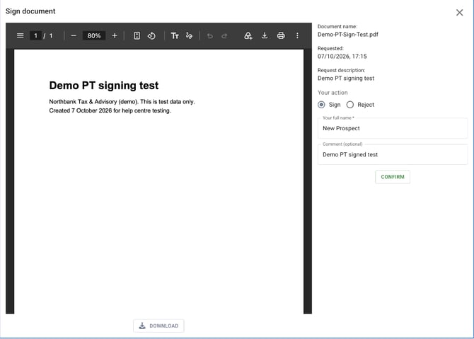Sign document window in the Client Portal, with the PDF on the left and the panel on the right showing the document name, request details, Sign and Reject options, Your full name, Comment and CONFIRM
