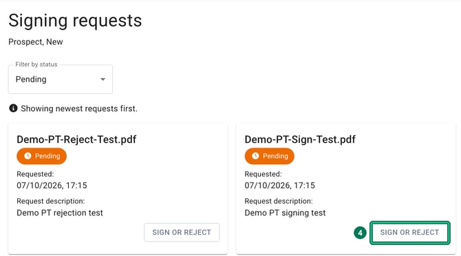 Client Portal Signing requests page with two pending request cards and the SIGN OR REJECT button highlighted as step 4