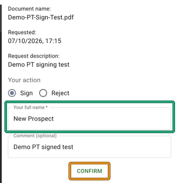 Signing panel with Sign selected, Your full name highlighted and the CONFIRM button highlighted